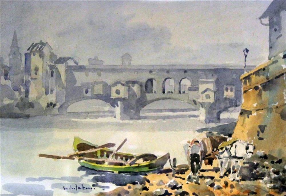 Giulio Falzoni (1900-1978), watercolour, View of the bridge at Florence, signed, 23 x 33cm